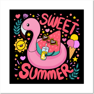 Sweet Summer a fun and colourful Summer time design a cute watermelon wearing sunglasses on a flamingo floaty Posters and Art